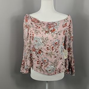 pink floral altar'd state peekaboo shoulder top